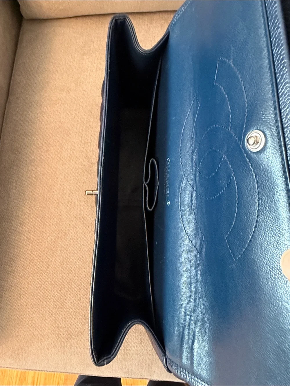 Authentic Chanel Classic Jumbo Double Flap Bag - Navy Blue Caviar Leather
